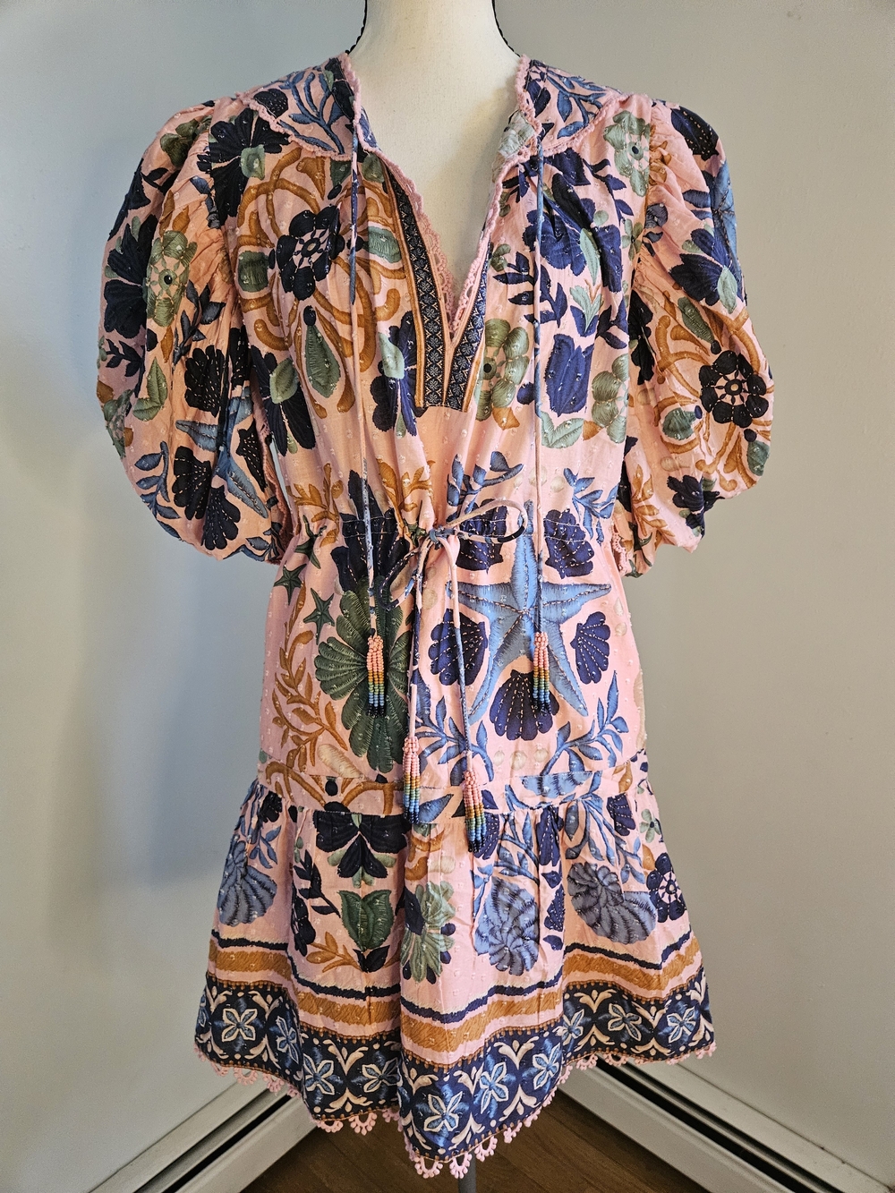Women's Pink Floral Short Dress with Puff Sleeves. Boho Beads